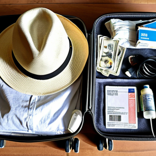 Home 4 **A cluttered travel packing scene on a bed. Open suitcase with neatly folded light clothing (cotton shirts, linen pants), alongside essential items: travel insurance documents, a yellow fever vaccination card, US Dollar bills, a universal adapter, multiple power banks, sunscreen, a wide-brimmed hat, insect repellent spray, and a small first-aid kit. Natural lighting, slightly overhead angle.**