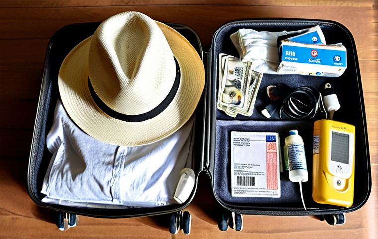 **A cluttered travel packing scene on a bed. Open suitcase with neatly folded light clothing (cotton shirts, linen pants), alongside essential items: travel insurance documents, a yellow fever vaccination card, US Dollar bills, a universal adapter, multiple power banks, sunscreen, a wide-brimmed hat, insect repellent spray, and a small first-aid kit. Natural lighting, slightly overhead angle.**