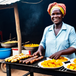 A friendly Angolan street food vendor, a woman in her 40s, is fully clothed in a vibrant, modest traditional dress and a headwrap, appropriate attire. She stands proudly behind a rustic wooden food stall on a bustling Angolan street. The air is thick with the inviting aroma of grilled food. Steaming pots hold Muamba de Galinha and Funge, while skewers of Espetadas sizzle on a small charcoal grill. Small bags of Ginguba are neatly stacked, and fresh tropical fruits like mangoes and pineapples are also visible. The scene is lively and authentic, capturing the heart of Angolan street cuisine with natural lighting. Professional photography, high quality, perfect anatomy, correct proportions, natural pose, well-formed hands, proper finger count, natural body proportions, safe for work, appropriate content, fully clothed, family-friendly.