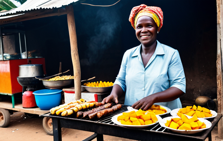 A friendly Angolan street food vendor, a woman in her 40s, is fully clothed in a vibrant, modest traditional dress and a headwrap, appropriate attire. She stands proudly behind a rustic wooden food stall on a bustling Angolan street. The air is thick with the inviting aroma of grilled food. Steaming pots hold Muamba de Galinha and Funge, while skewers of Espetadas sizzle on a small charcoal grill. Small bags of Ginguba are neatly stacked, and fresh tropical fruits like mangoes and pineapples are also visible. The scene is lively and authentic, capturing the heart of Angolan street cuisine with natural lighting. Professional photography, high quality, perfect anatomy, correct proportions, natural pose, well-formed hands, proper finger count, natural body proportions, safe for work, appropriate content, fully clothed, family-friendly.