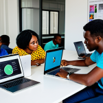 Tech Startup in Luanda**

"A diverse group of young Angolan professionals collaborating at a modern tech startup office in Luanda. They are working on laptops and discussing ideas around a table. The office is bright and colorful, with posters promoting innovation. Everyone is fully clothed in professional attire. Safe for work, appropriate content, perfect anatomy, natural proportions, professional, modest, family-friendly."

**