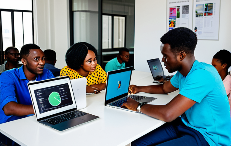 Tech Startup in Luanda**
"A diverse group of young Angolan professionals collaborating at a modern tech startup office in Luanda. They are working on laptops and discussing ideas around a table. The office is bright and colorful, with posters promoting innovation. Everyone is fully clothed in professional attire. Safe for work, appropriate content, perfect anatomy, natural proportions, professional, modest, family-friendly."
**