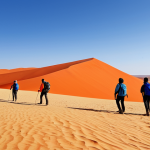Dancing Sand Dunes**

"Sweeping panorama of the Namib Desert's red and orange sand dunes under a clear blue sky, fully clothed figures in appropriate hiking gear observe the landscape, safe for work, perfect anatomy, correct proportions, professional photography, high quality, daytime, modest attire."

**