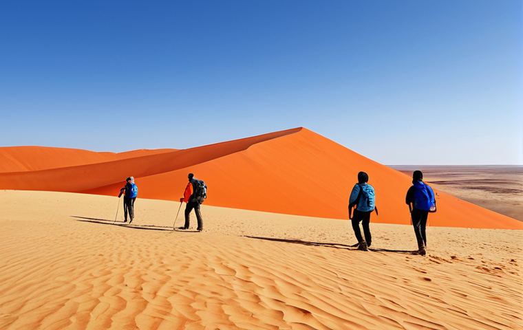 Dancing Sand Dunes**

"Sweeping panorama of the Namib Desert's red and orange sand dunes under a clear blue sky, fully clothed figures in appropriate hiking gear observe the landscape, safe for work, perfect anatomy, correct proportions, professional photography, high quality, daytime, modest attire."

**